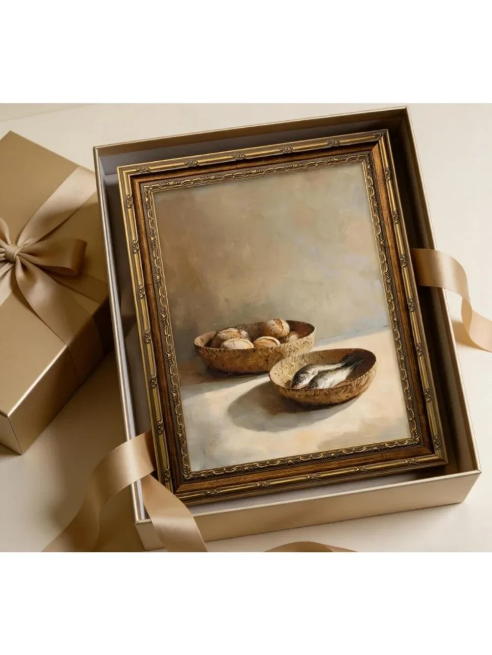 Rustic Vintage Gold Framed Still Life Canvas Art - Bread & Fish Wall Decor 12x16